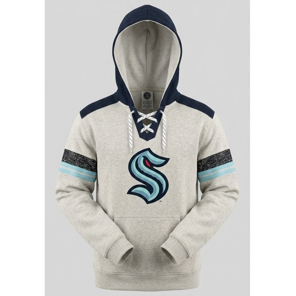 NHL Seattle Kraken Lace Up Hoodie Mens Medium Cream Blue Lacer Jersey Sweatshirt